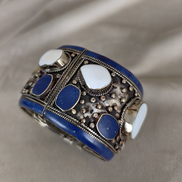 Vintage Jewelry - Antique Tibetan Sterling Silver Blue and White Handmade Bracelet